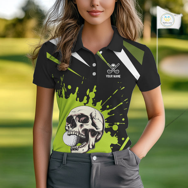 Black and Green Skull Golf polo shirts for Women Custom team golf outfits ladies, cool golf gifts NQS10025