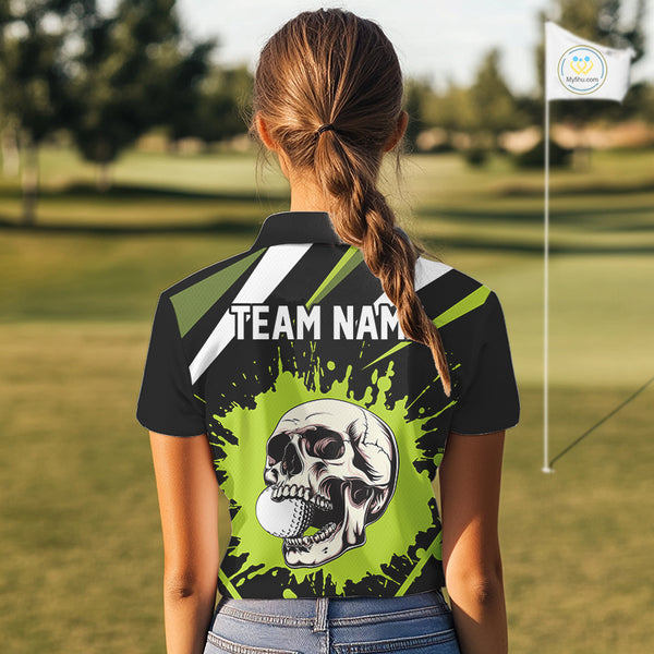 Black and Green Skull Golf polo shirts for Women Custom team golf outfits ladies, cool golf gifts NQS10025