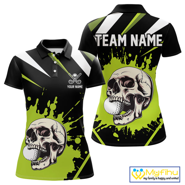 Black and Green Skull Golf polo shirts for Women Custom team golf outfits ladies, cool golf gifts NQS10025