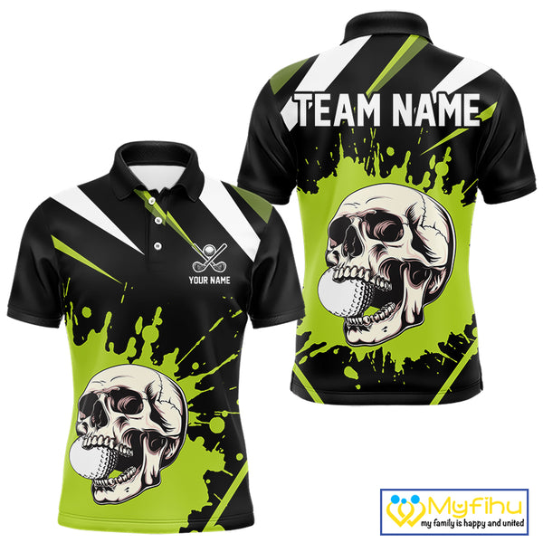 Black and Green Skull Golf polo shirts For Men Custom team golf outfits men, cool golf gifts NQS10025