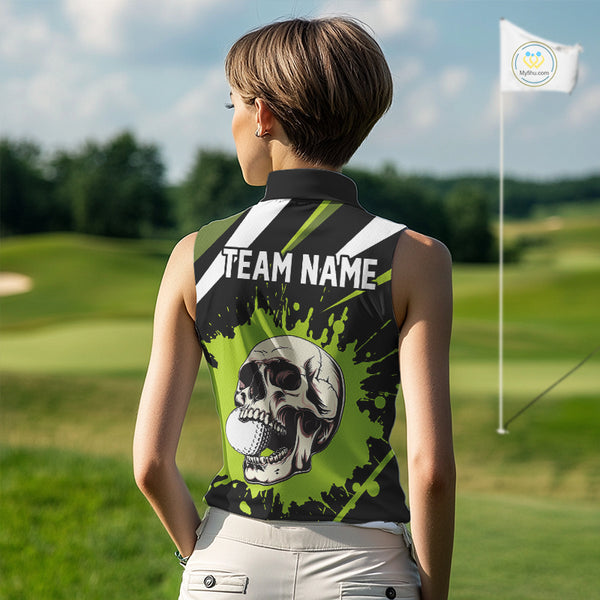 Black and Green Skull Sleeveless Golf polo shirts Custom team golf outfits ladies, cool golf gifts NQS10025