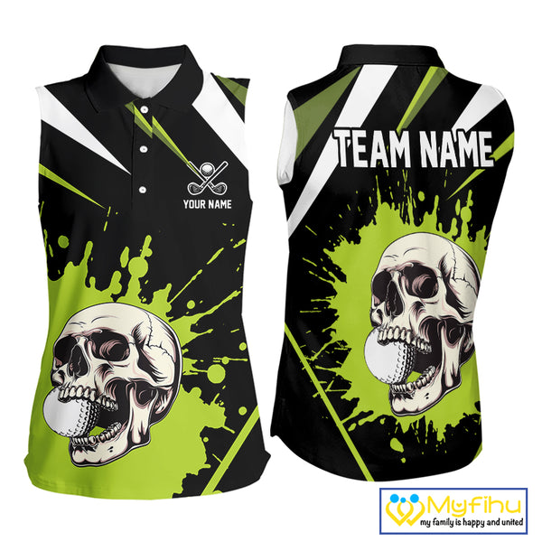 Black and Green Skull Sleeveless Golf polo shirts Custom team golf outfits ladies, cool golf gifts NQS10025