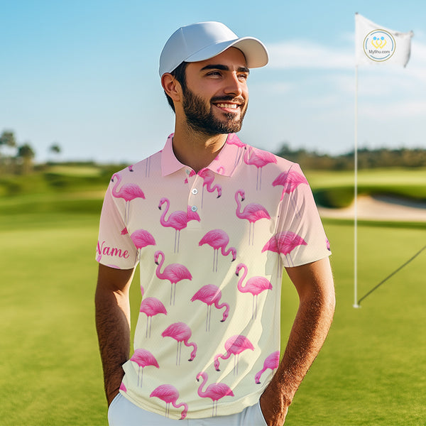 Personalized pink gradient Flamingo pattern Men golf polo shirt Custom golf team theme outfits NQS10324