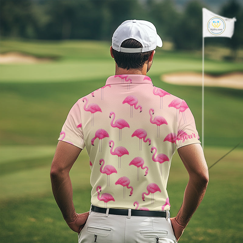 Personalized pink gradient Flamingo pattern Men golf polo shirt Custom golf team theme outfits NQS10324