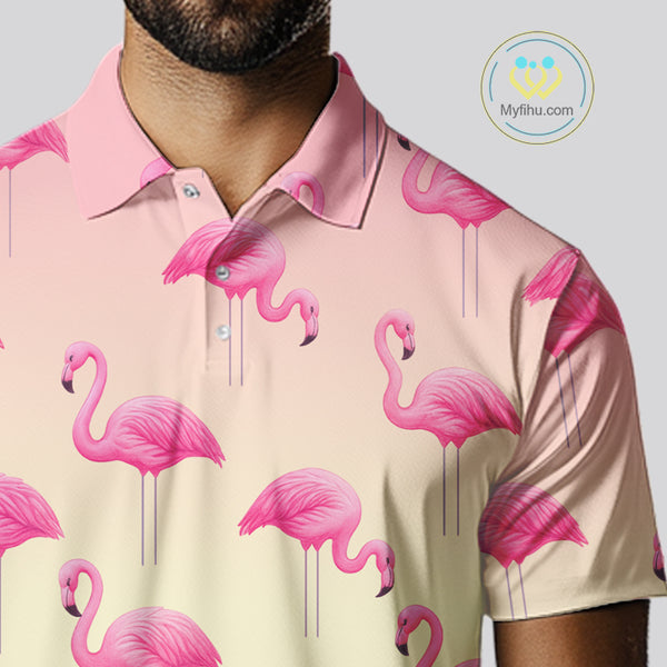Personalized pink gradient Flamingo pattern Men golf polo shirt Custom golf team theme outfits NQS10324