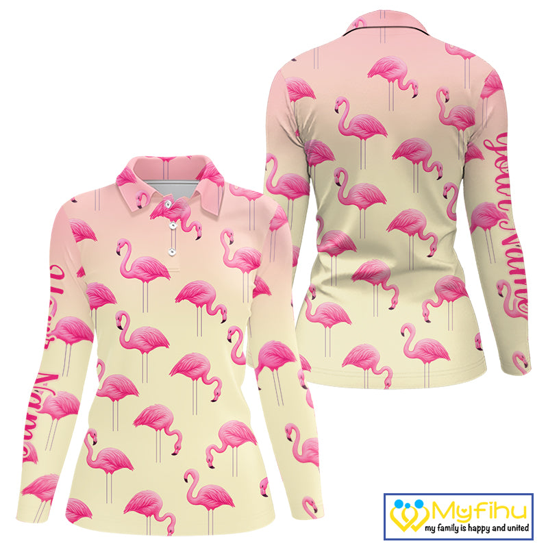 Personalized pink gradient Flamingo pattern Women golf polo shirt Custom golf team theme outfits NQS10324