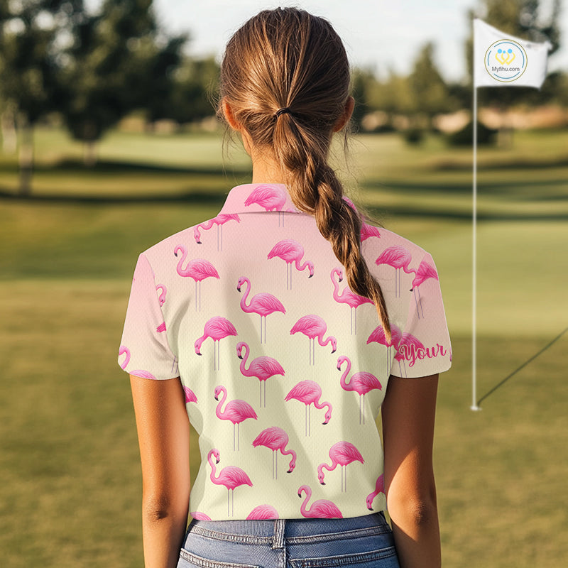 Personalized pink gradient Flamingo pattern Women golf polo shirt Custom golf team theme outfits NQS10324