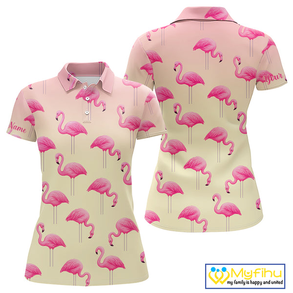Personalized pink gradient Flamingo pattern Women golf polo shirt Custom golf team theme outfits NQS10324