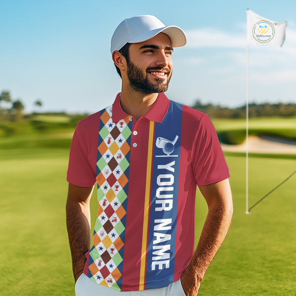 Retro colorful argyle pattern Men golf polo shirt custom Team Golf Outfits for mens | Red NQS10327