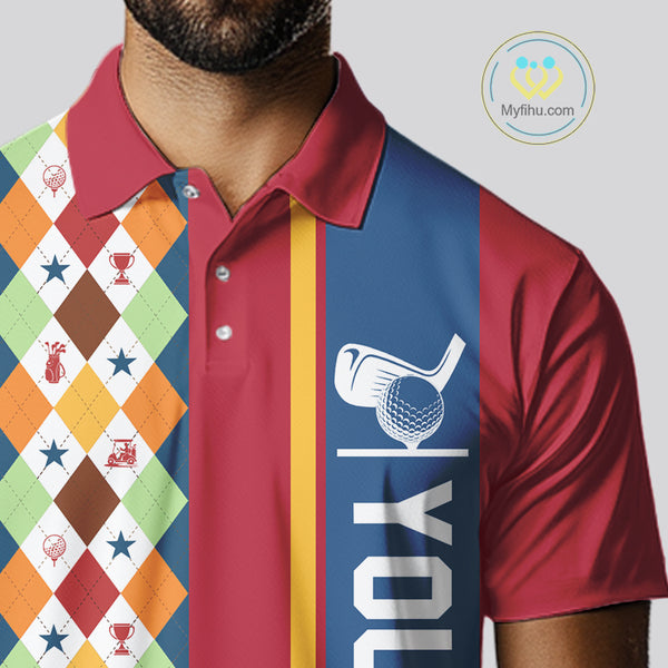 Retro colorful argyle pattern Men golf polo shirt custom Team Golf Outfits for mens | Red NQS10327