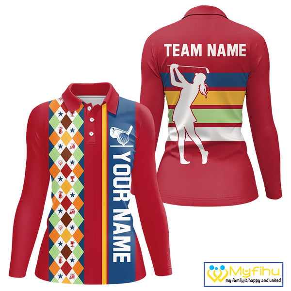 Retro colorful argyle pattern Women golf polo shirt custom Team Golf Outfits for ladies | Red NQS10327