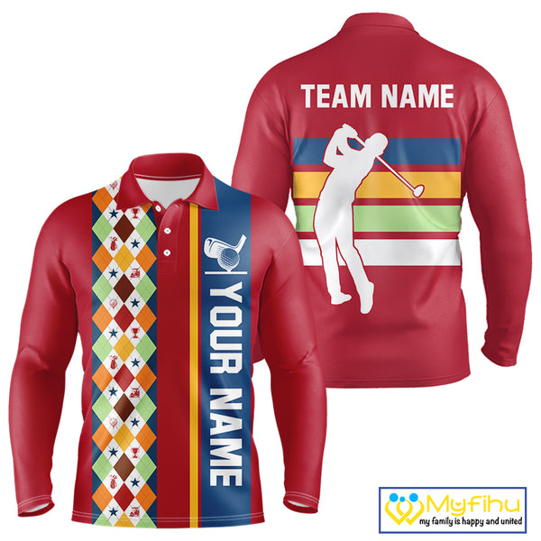 Retro colorful argyle pattern Men golf polo shirt custom Team Golf Outfits for mens | Red NQS10327