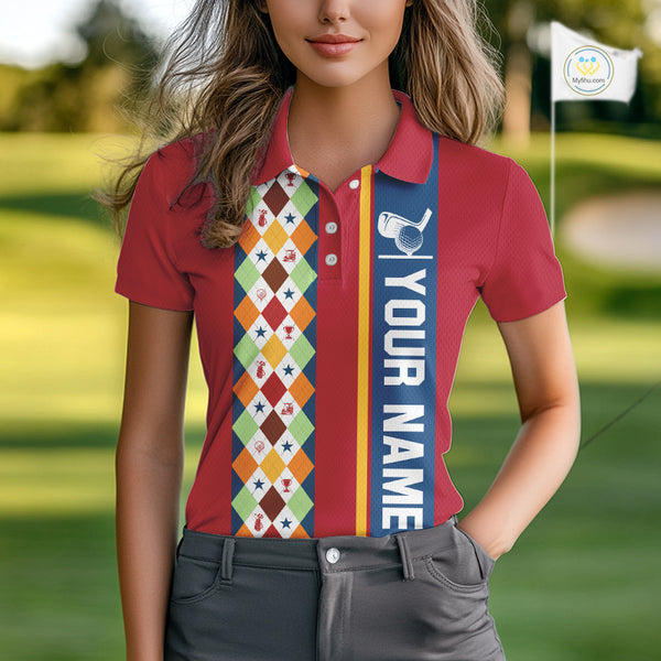 Retro colorful argyle pattern Women golf polo shirt custom Team Golf Outfits for ladies | Red NQS10327