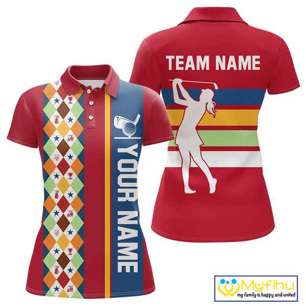Retro colorful argyle pattern Women golf polo shirt custom Team Golf Outfits for ladies | Red NQS10327
