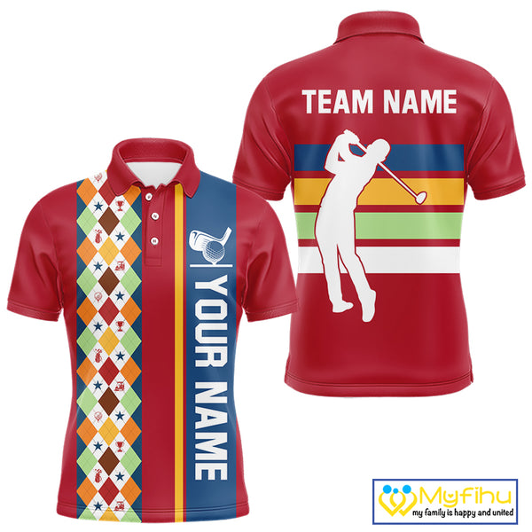 Retro colorful argyle pattern Men golf polo shirt custom Team Golf Outfits for mens | Red NQS10327