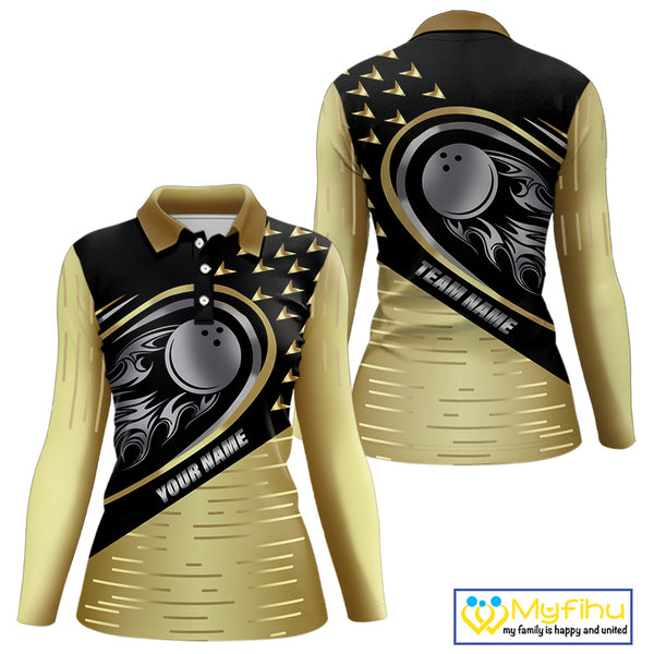 Black and Gold Flame Bowling ball Polo, Quarter Zip Shirts for Women Custom Bowling Team jerseys NQS10029