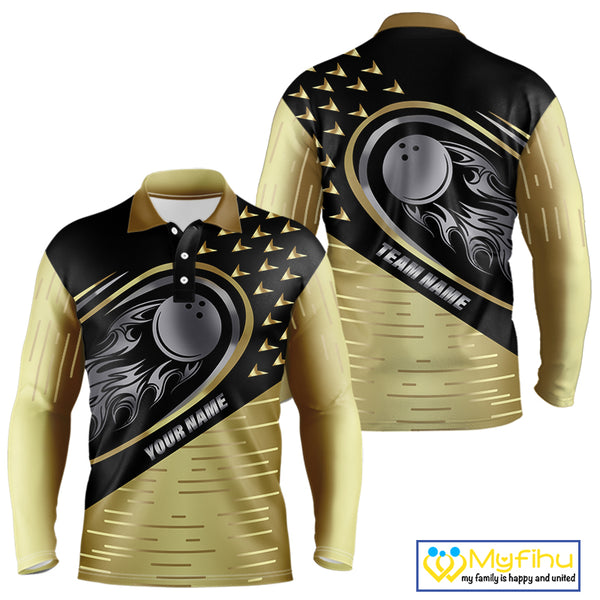 Black and Gold Flame Bowling ball Polo, Quarter Zip Shirts for Men Custom Bowling Team jerseys NQS10029