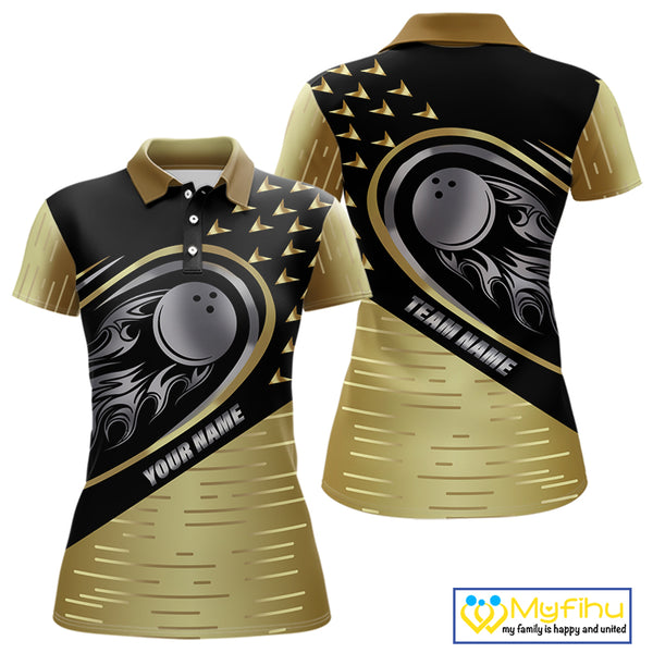 Black and Gold Flame Bowling ball Polo, Quarter Zip Shirts for Women Custom Bowling Team jerseys NQS10029