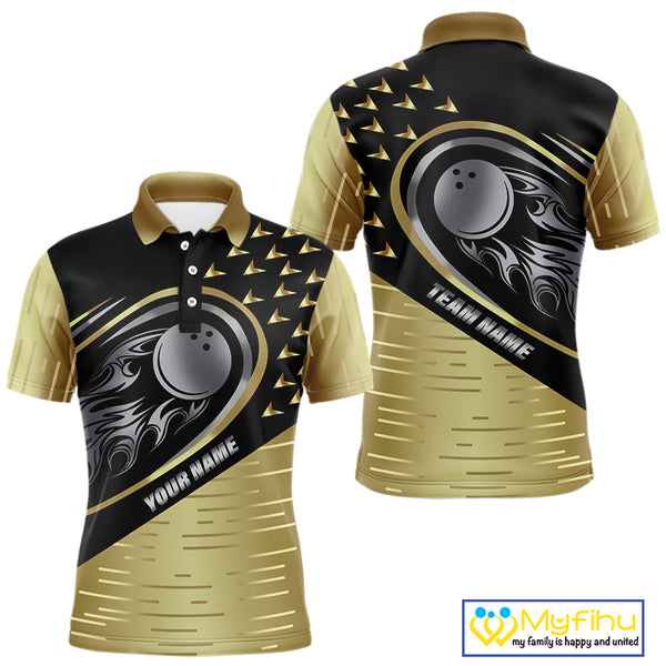 Black and Gold Flame Bowling ball Polo, Quarter Zip Shirts for Men Custom Bowling Team jerseys NQS10029