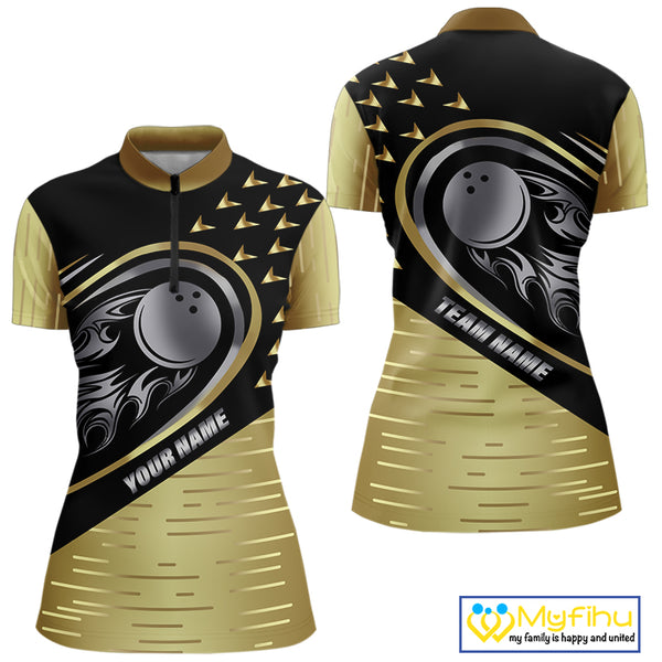 Black and Gold Flame Bowling ball Polo, Quarter Zip Shirts for Women Custom Bowling Team jerseys NQS10029