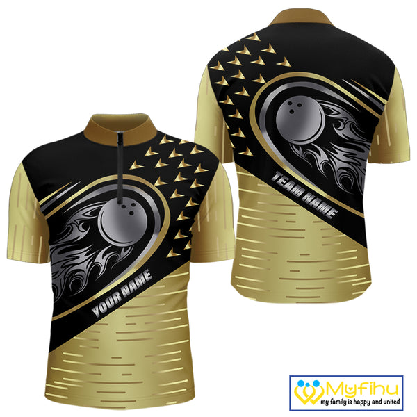 Black and Gold Flame Bowling ball Polo, Quarter Zip Shirts for Men Custom Bowling Team jerseys NQS10029