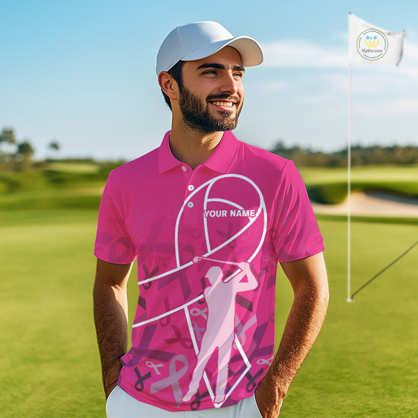Pink ribbon pattern breast cancer awareness Men golf polo shirt Custom team Golf attire For men NQS10189