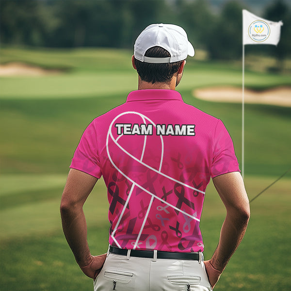 Pink ribbon pattern breast cancer awareness Men golf polo shirt Custom team Golf attire For men NQS10189