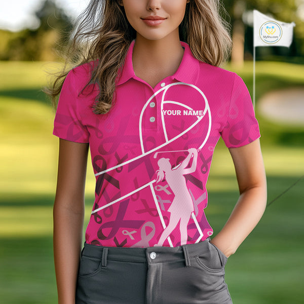 Pink ribbon pattern breast cancer awareness Women golf polo shirt Custom team Golf attire For ladies NQS10189