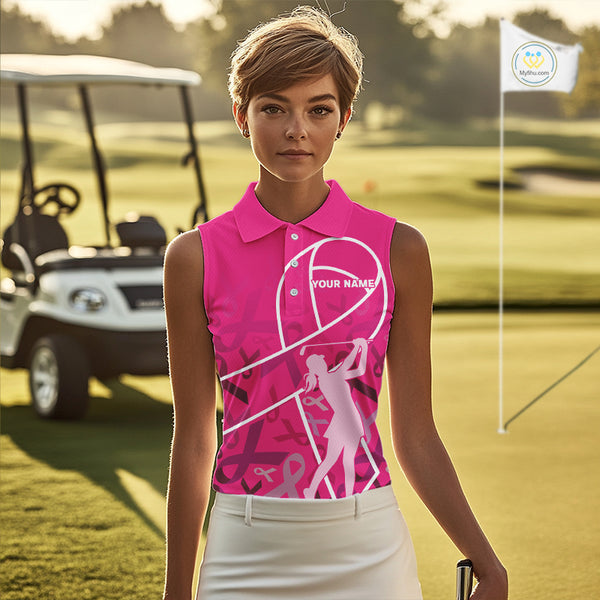 Pink ribbon pattern breast cancer awareness Women sleeveless polo shirt Custom team ladies Golf top NQS10189