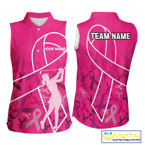 Pink ribbon pattern breast cancer awareness Women sleeveless polo shirt Custom team ladies Golf top NQS10189