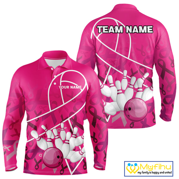 Pink ribbon pattern breast cancer awareness Bowling Shirts For Men Custom team bowling jerseys NQS10190