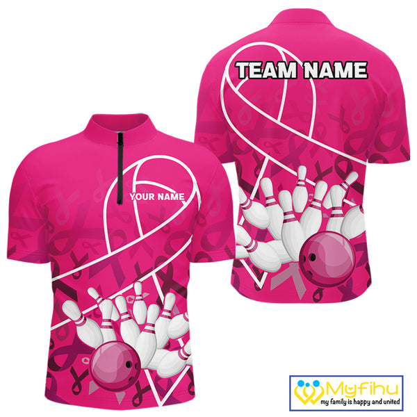 Pink ribbon pattern breast cancer awareness Bowling Shirts For Men Custom team bowling jerseys NQS10190