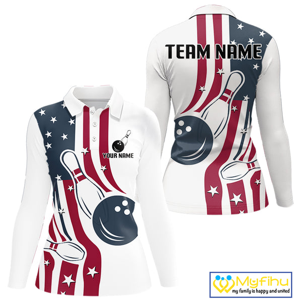 Red, White & Blue American Flag Bowling shirt For Women custom patriotic bowling team uniform jersey NQS10337