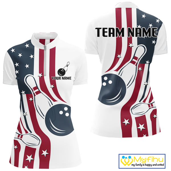 Red, White & Blue American Flag Bowling shirt For Women custom patriotic bowling team uniform jersey NQS10337