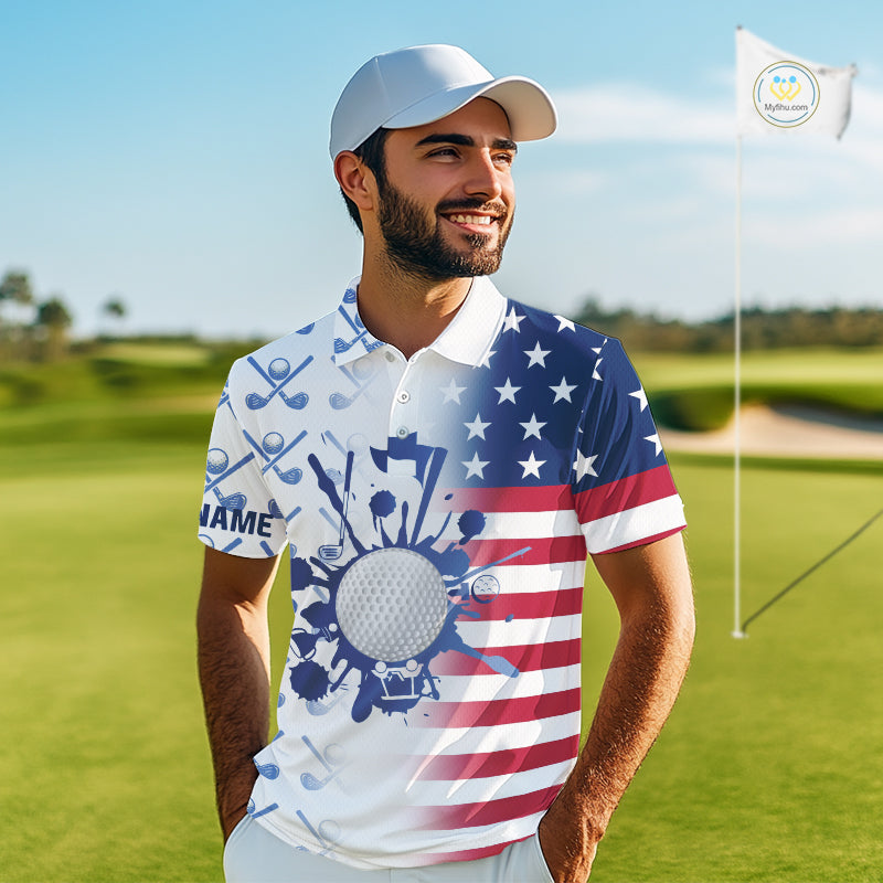 Red, White and Blue American Flag Mens Golf polo shirts Custom patriotic Golf Outfit For Mens NQS10035