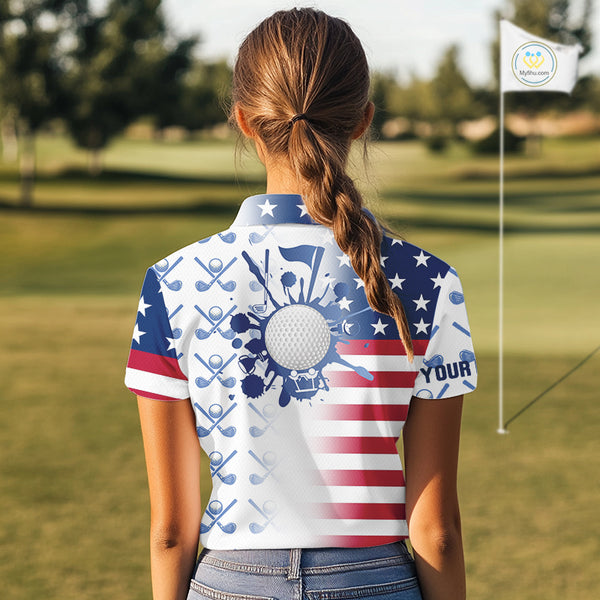 Red, White and Blue American Flag Women Golf polo shirts Custom patriotic Golf Outfit For Ladies NQS10035
