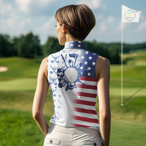 Red, White & Blue American Flag Women Sleeveless Golf polo shirts, patriotic Ladies Golf Outfit NQS10035