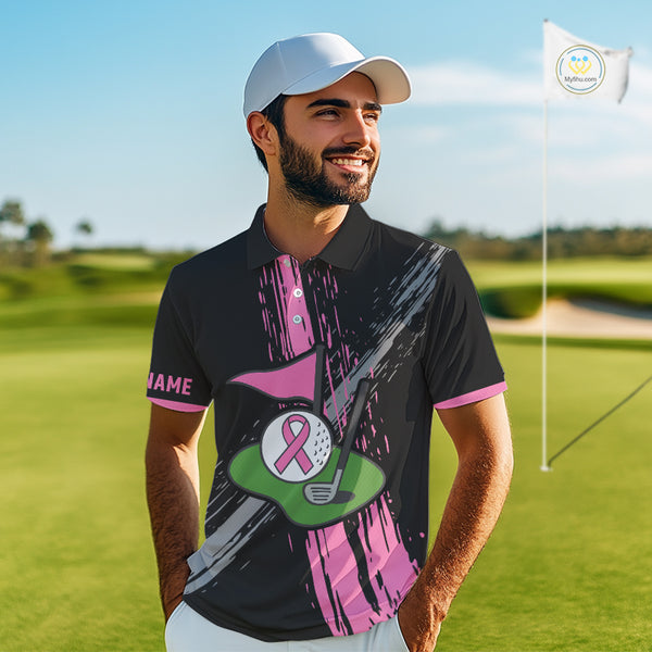 Black and pink ribbon Breast Cancer Awareness golf shirts custom Men golf polo shirts, best golf gift NQS10196