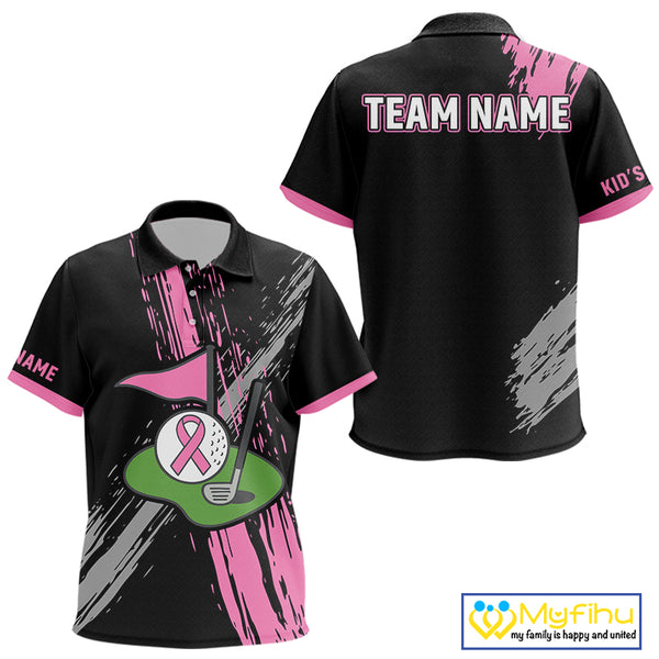 Black and pink ribbon Breast Cancer Awareness golf shirts custom Kid golf polo shirt, best golf gift NQS10196