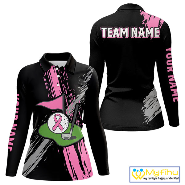 Black and pink ribbon Breast Cancer Awareness golf shirts custom Women golf polo shirt best golf gift NQS10196