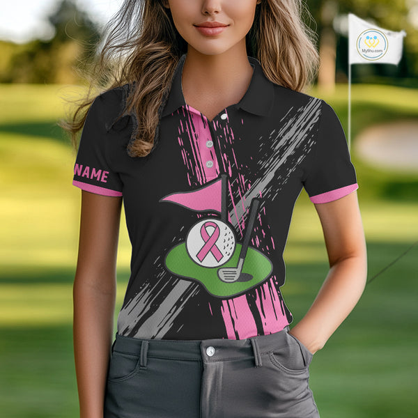 Black and pink ribbon Breast Cancer Awareness golf shirts custom Women golf polo shirt best golf gift NQS10196