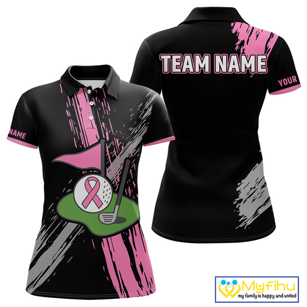 Black and pink ribbon Breast Cancer Awareness golf shirts custom Women golf polo shirt best golf gift NQS10196