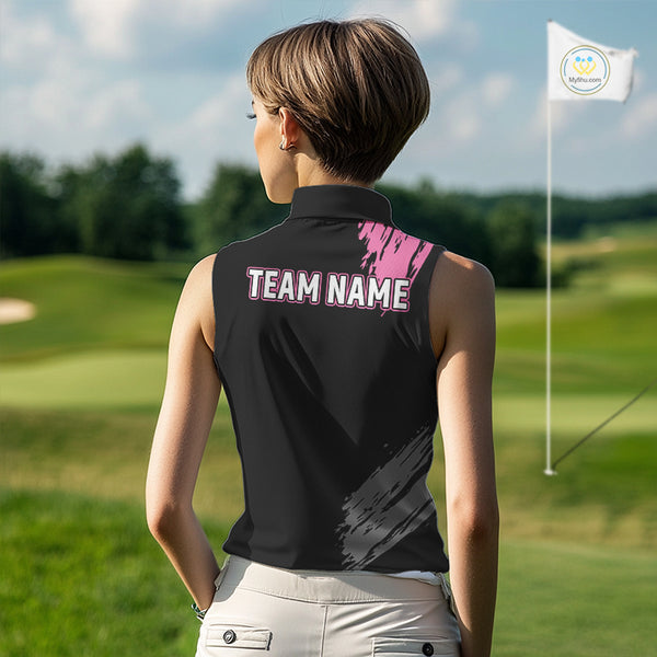 Black and pink ribbon Breast Cancer Awareness golf shirts custom Women sleeveless golf polo shirt NQS10196