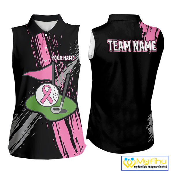 Black and pink ribbon Breast Cancer Awareness golf shirts custom Women sleeveless golf polo shirt NQS10196