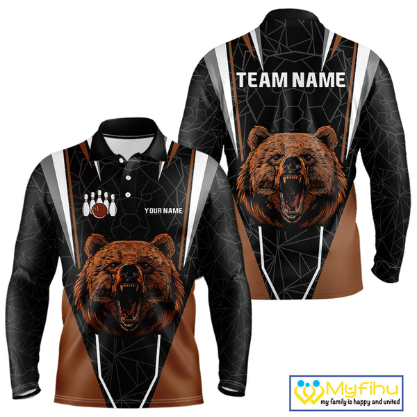 Personalized Bear Bowling Polo, Quarter Zip Shirts For Men, Bear Bowling Team Brown League Jersey NQS10344