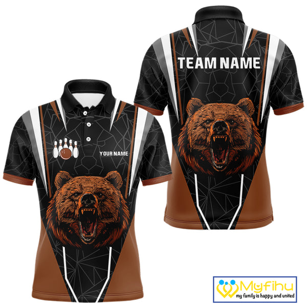 Personalized Bear Bowling Polo, Quarter Zip Shirts For Men, Bear Bowling Team Brown League Jersey NQS10344