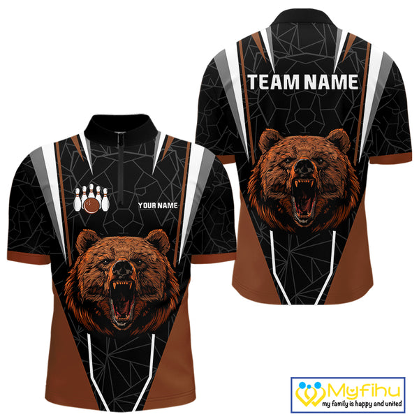 Personalized Bear Bowling Polo, Quarter Zip Shirts For Men, Bear Bowling Team Brown League Jersey NQS10344