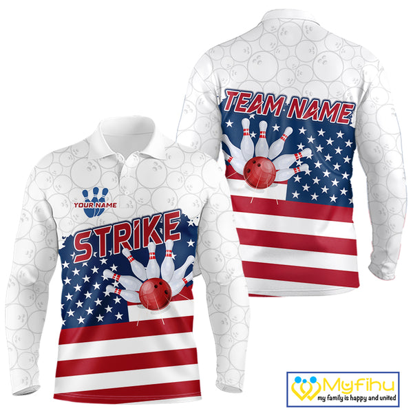 Personalized American Flag Strike Bowling Polo, 1/4 Zip Shirts For Men, Patriotic Bowling Team Jersey NQS10345