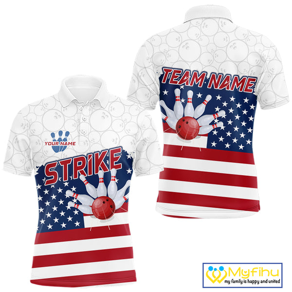 Personalized American Flag Strike Bowling Polo, 1/4 Zip Shirts For Men, Patriotic Bowling Team Jersey NQS10345