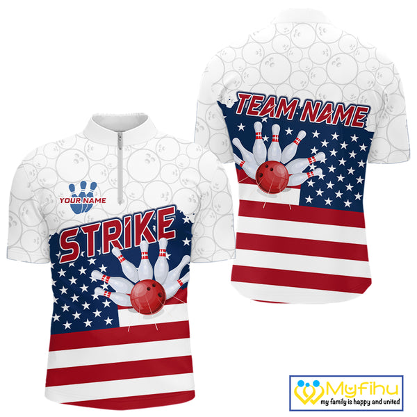 Personalized American Flag Strike Bowling Polo, 1/4 Zip Shirts For Men, Patriotic Bowling Team Jersey NQS10345